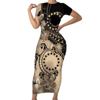 Cook Islands Turtle Short Sleeve Bodycon Dress Stars and Hibiscus - Beige LT01 Long Dress Beige - Polynesian Pride