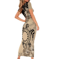 Cook Islands Turtle Short Sleeve Bodycon Dress Stars and Hibiscus - Beige LT01 - Polynesian Pride