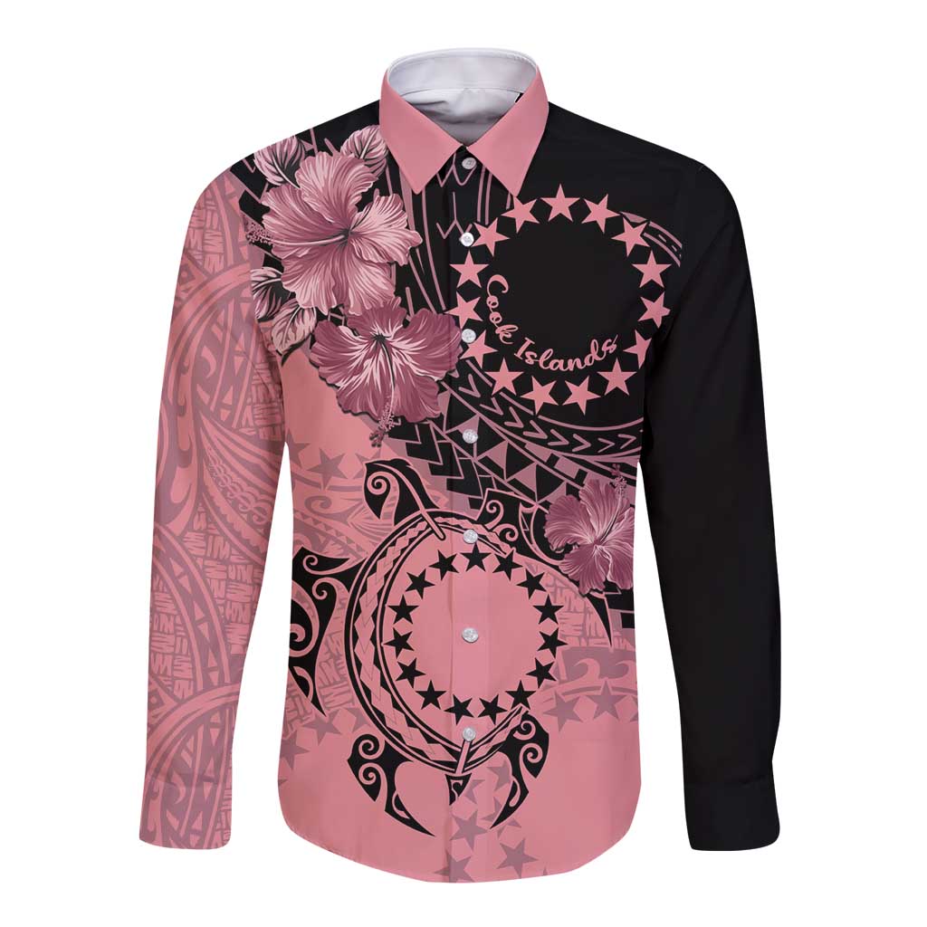 Cook Islands Turtle Long Sleeve Button Shirt Stars and Hibiscus - Pink LT01 Unisex Pink - Polynesian Pride