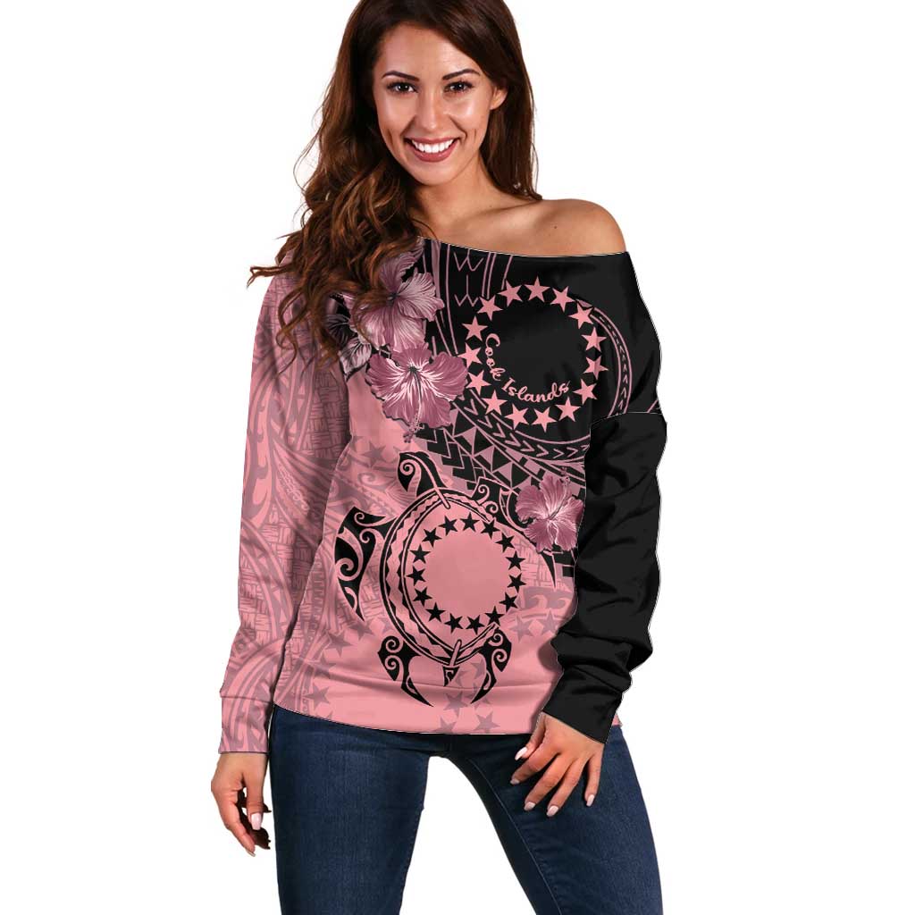 Cook Islands Turtle Off Shoulder Sweater Stars and Hibiscus - Pink LT01 Women Pink - Polynesian Pride