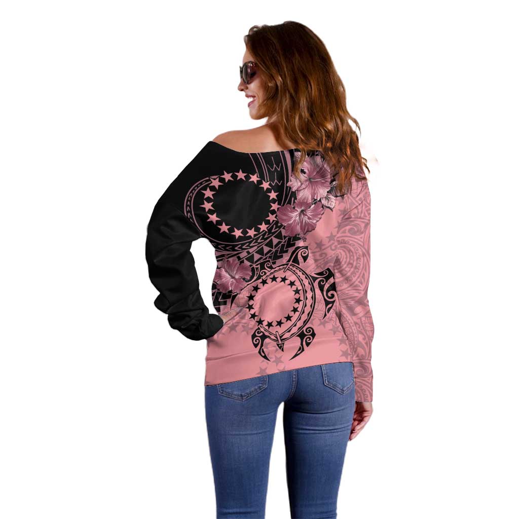 Cook Islands Turtle Off Shoulder Sweater Stars and Hibiscus - Pink LT01 - Polynesian Pride