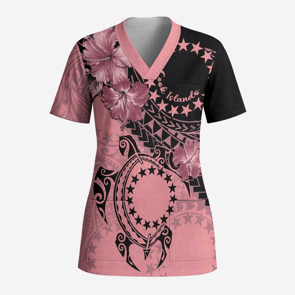 Cook Islands Turtle Scrub Top Stars and Hibiscus - Pink LT01 Adult Pink - Polynesian Pride