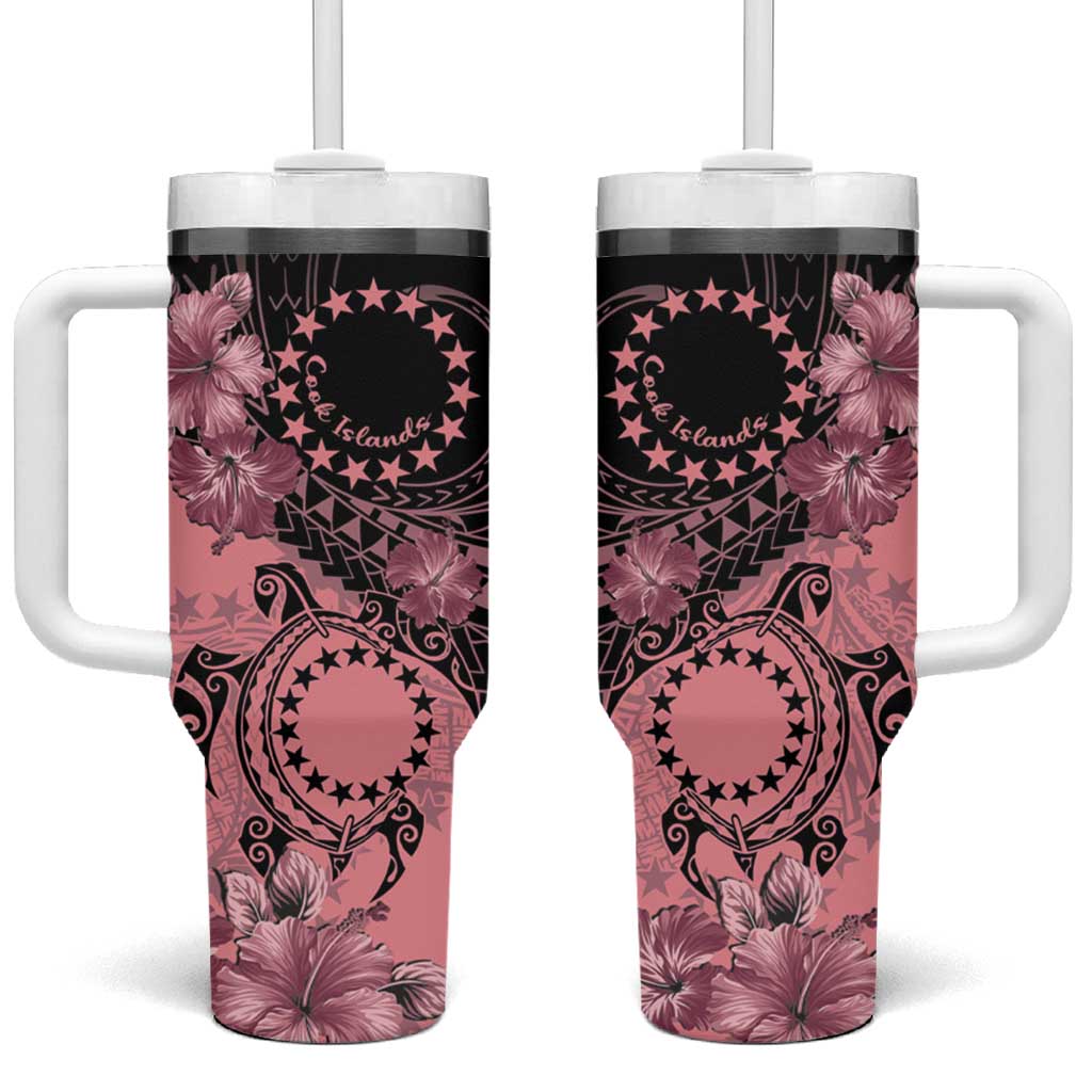 Cook Islands Turtle Tumbler With Handle Stars and Hibiscus - Pink LT01 One Size: 40 oz Pink - Polynesian Pride