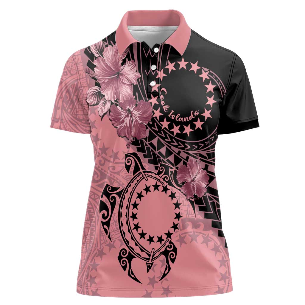 Cook Islands Turtle Women Polo Shirt Stars and Hibiscus - Pink LT01 Female Pink - Polynesian Pride