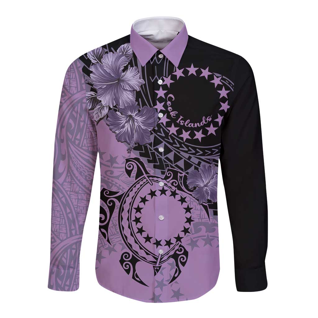 Cook Islands Turtle Long Sleeve Button Shirt Stars and Hibiscus - Purple LT01 Unisex Purple - Polynesian Pride