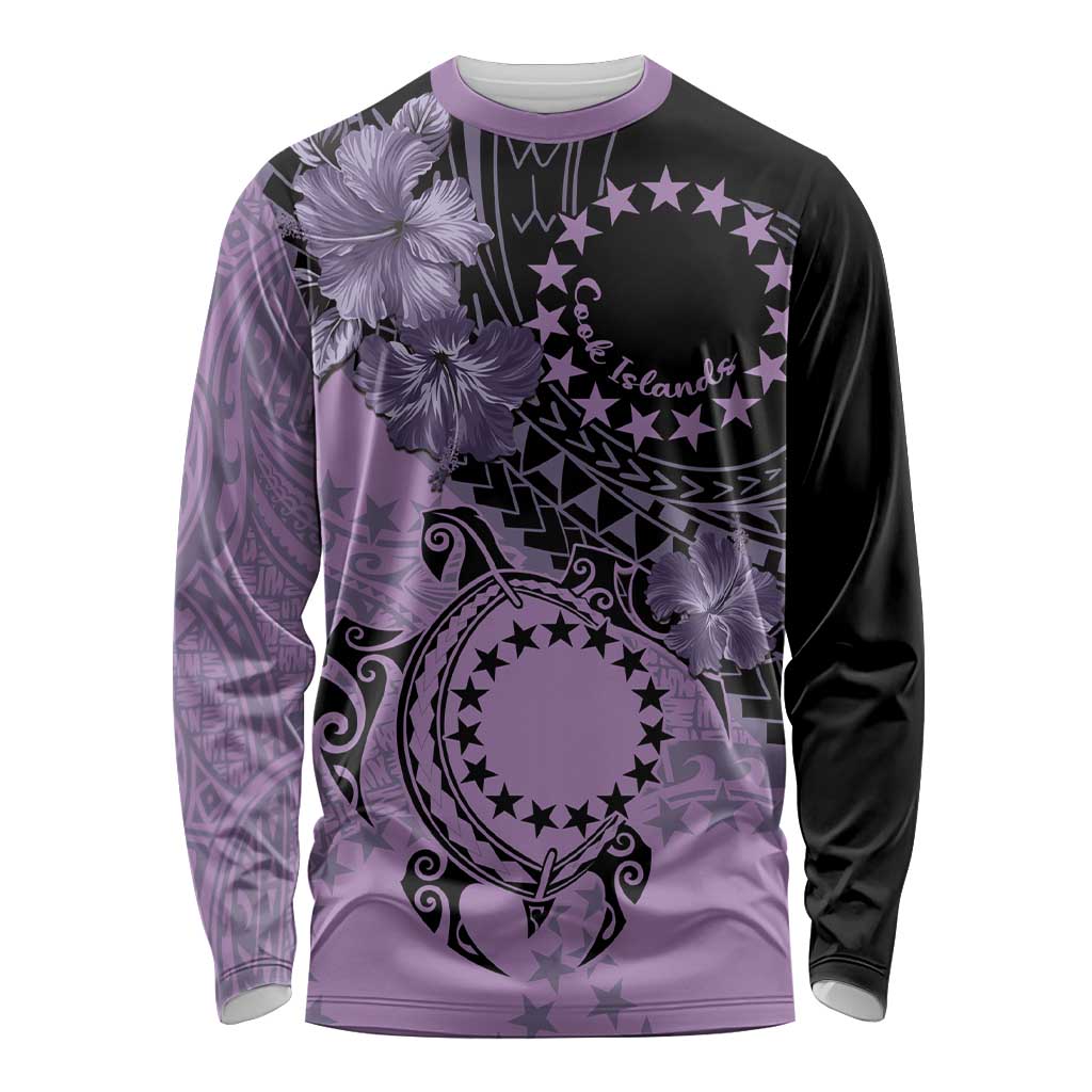 Cook Islands Turtle Long Sleeve Shirt Stars and Hibiscus - Purple LT01 Unisex Purple - Polynesian Pride