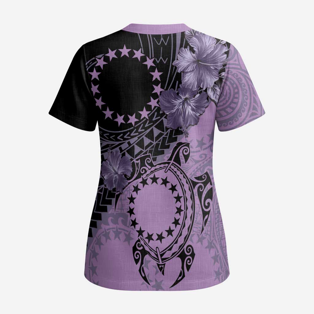 Cook Islands Turtle Scrub Top Stars and Hibiscus - Purple LT01 - Polynesian Pride