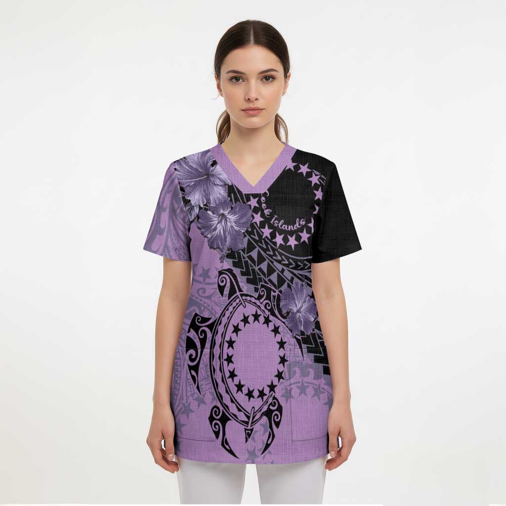 Cook Islands Turtle Scrub Top Stars and Hibiscus - Purple LT01 - Polynesian Pride