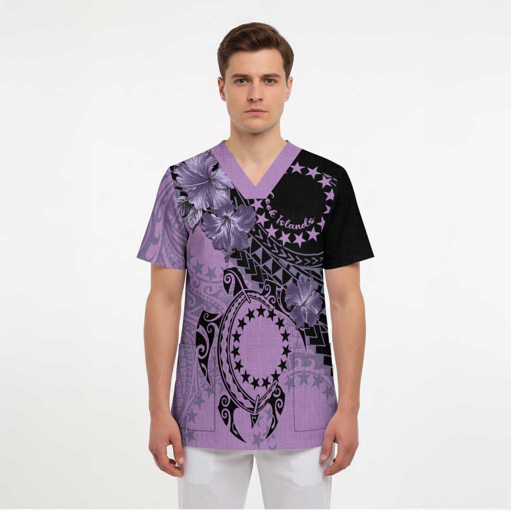 Cook Islands Turtle Scrub Top Stars and Hibiscus - Purple LT01 - Polynesian Pride