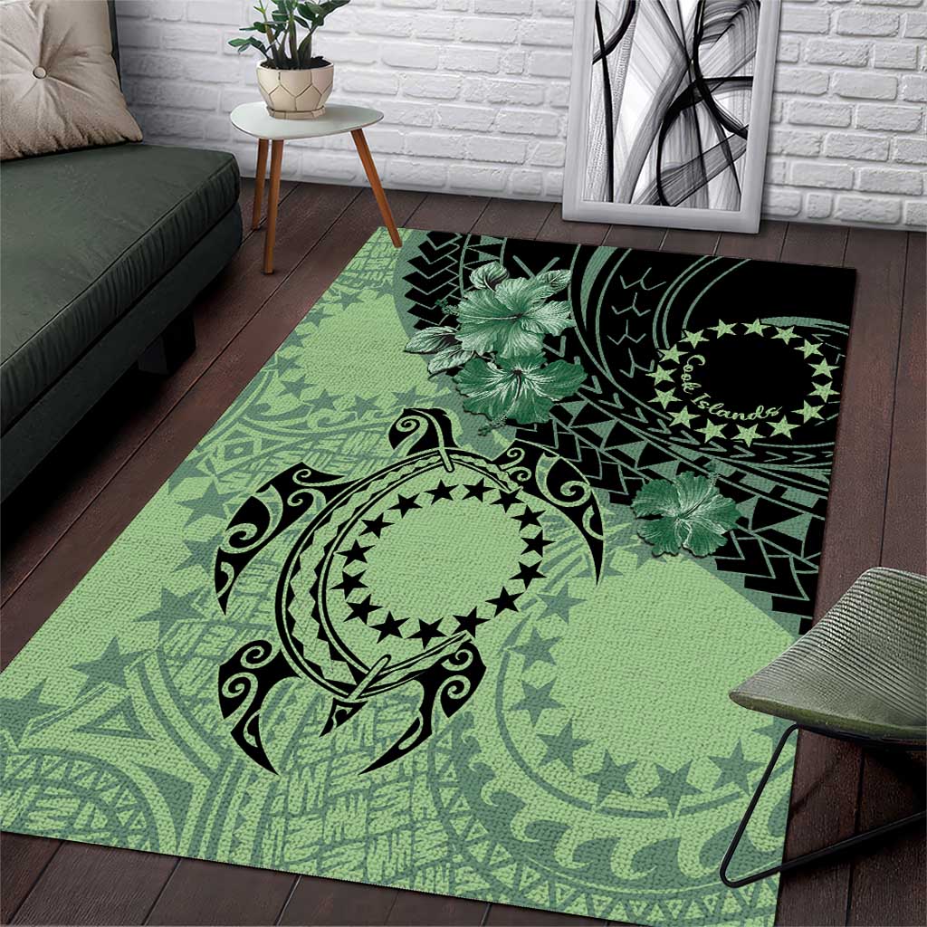 Cook Islands Turtle Area Rug Stars and Hibiscus - Green