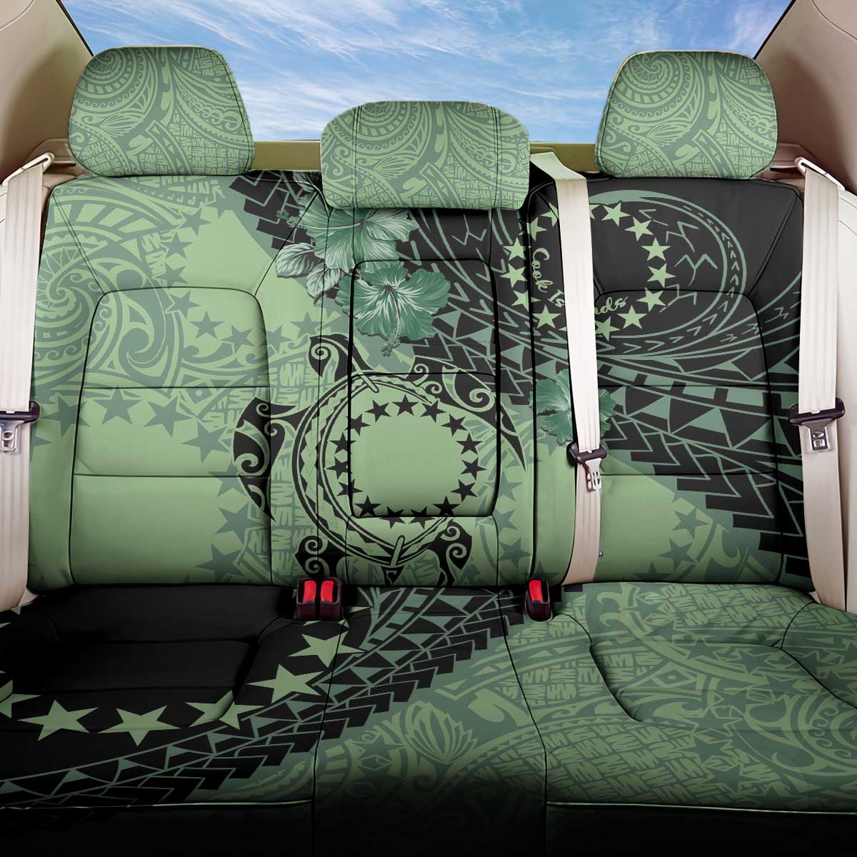 Cook Islands Turtle Back Car Seat Cover Stars and Hibiscus - Green LT01 One Size Green - Polynesian Pride