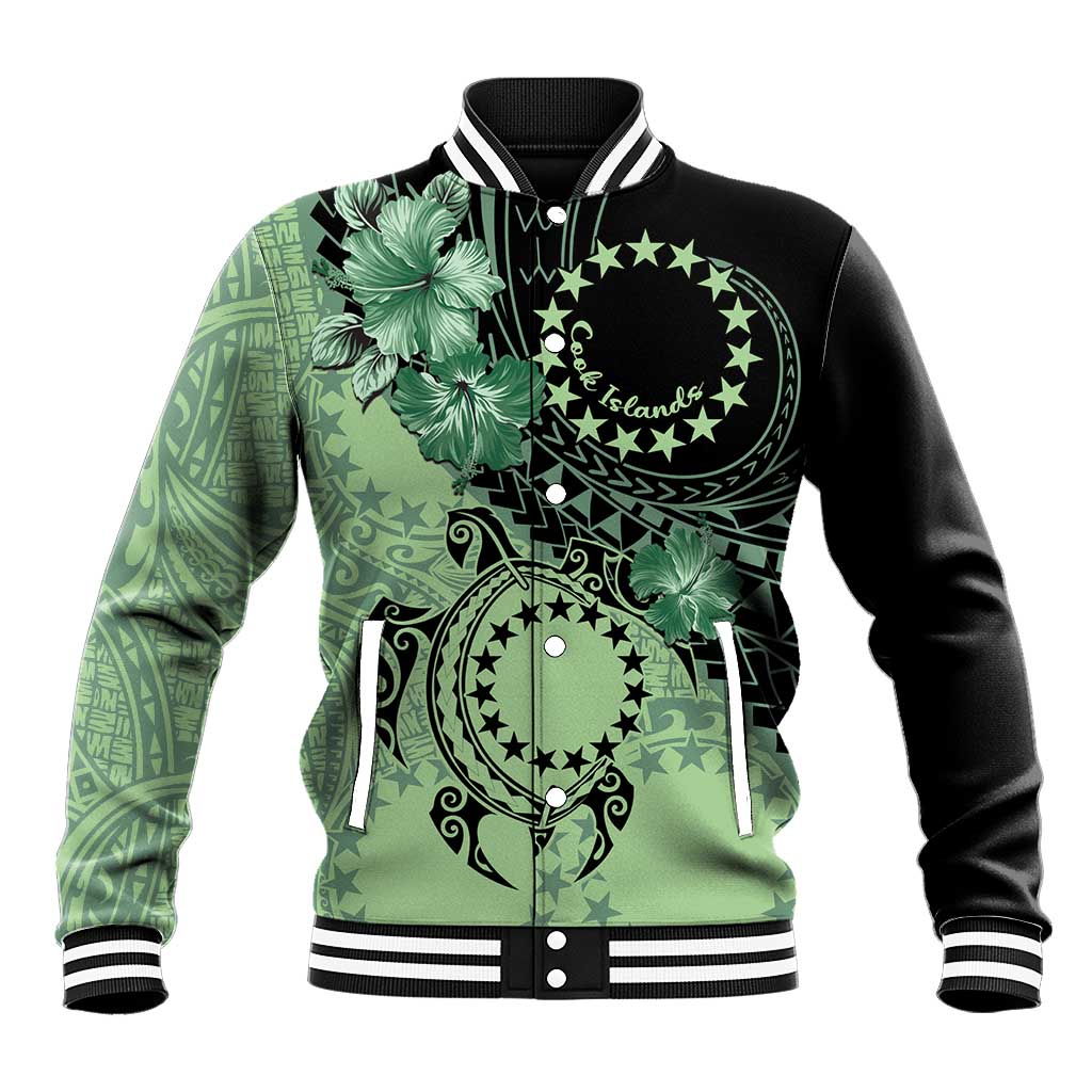 Cook Islands Turtle Baseball Jacket Stars and Hibiscus - Green LT01 Unisex Green - Polynesian Pride