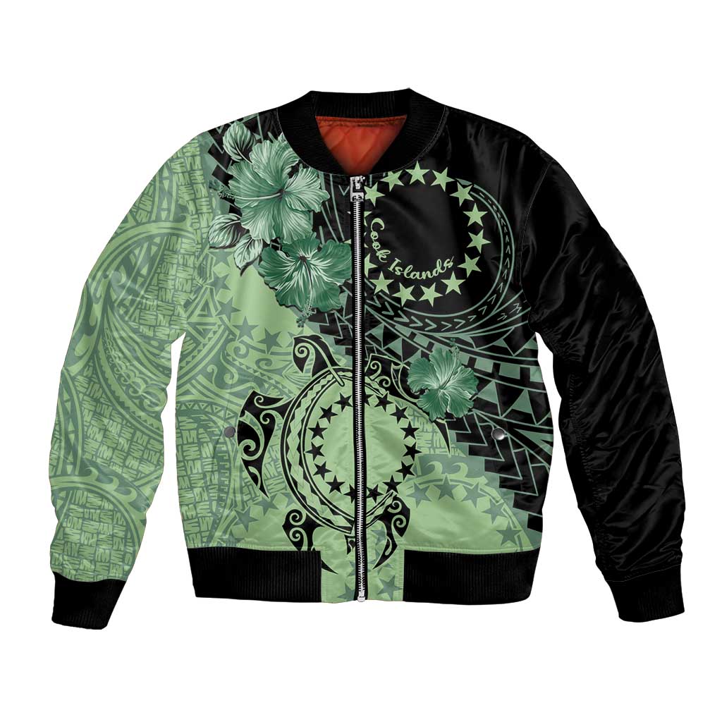 Cook Islands Turtle Bomber Jacket Stars and Hibiscus - Green LT01 Unisex Green - Polynesian Pride