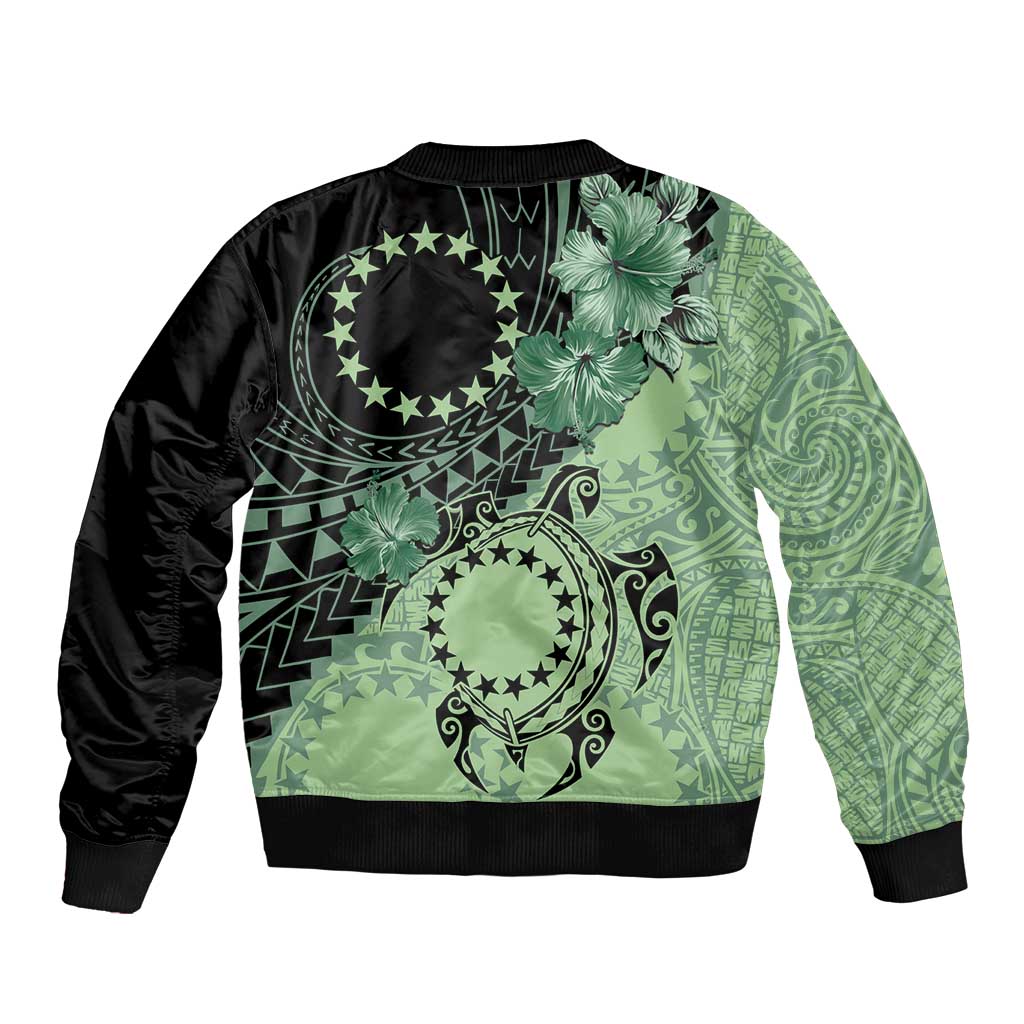 Cook Islands Turtle Bomber Jacket Stars and Hibiscus - Green LT01 - Polynesian Pride