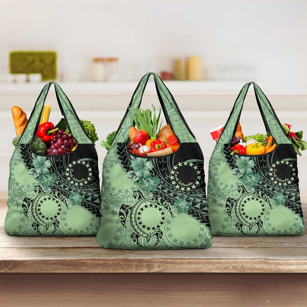 Cook Islands Turtle Grocery Bag Stars and Hibiscus - Green LT01 3-pack One Size Green - Polynesian Pride