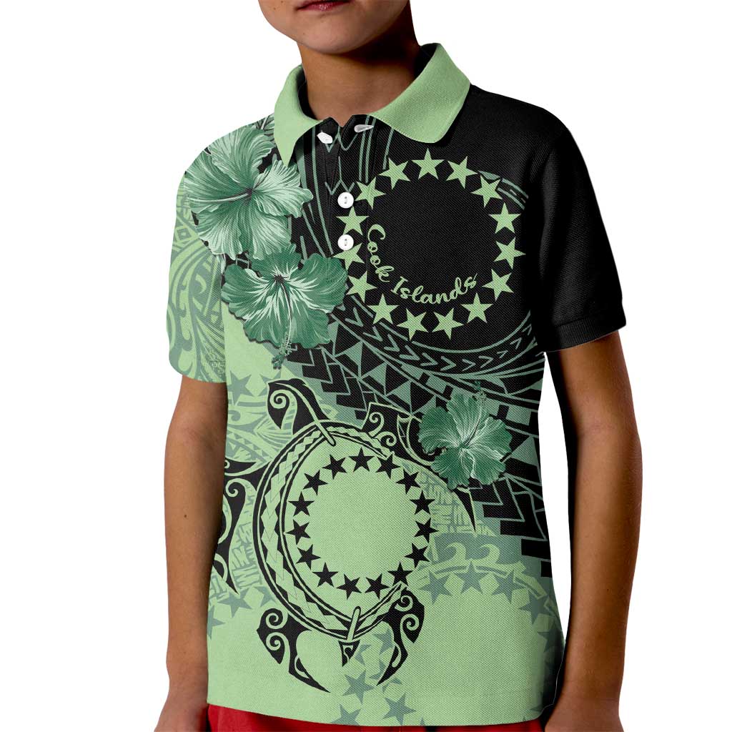 Cook Islands Turtle Kid Polo Shirt Stars and Hibiscus - Green LT01 Kid Green - Polynesian Pride