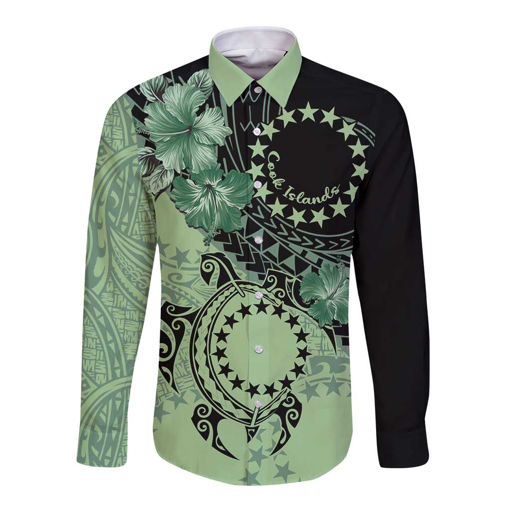 Cook Islands Turtle Long Sleeve Button Shirt Stars and Hibiscus - Green LT01 Unisex Green - Polynesian Pride