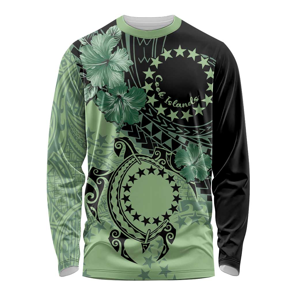 Cook Islands Turtle Long Sleeve Shirt Stars and Hibiscus - Green LT01 Unisex Green - Polynesian Pride