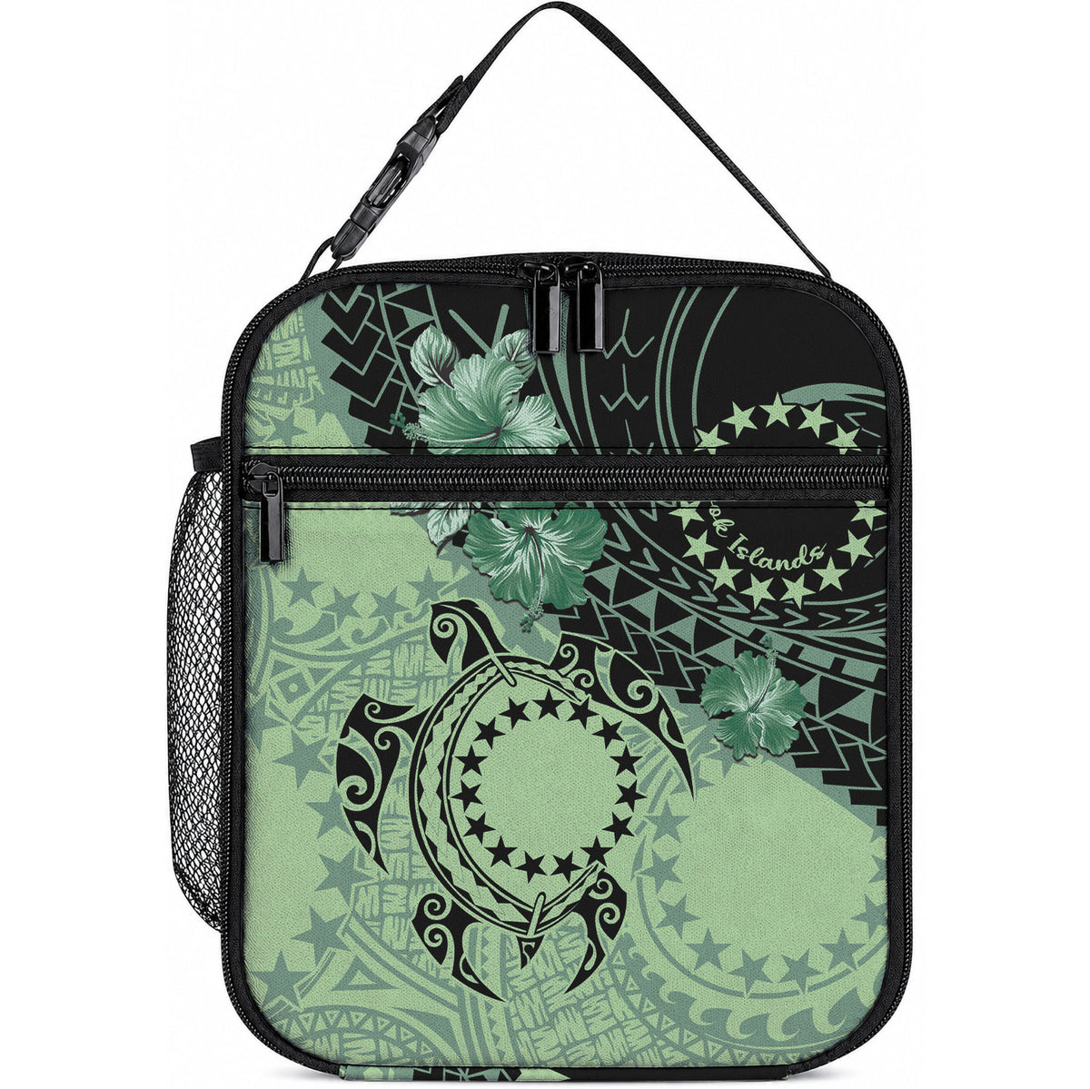 Cook Islands Turtle Lunch Bag Stars and Hibiscus - Green LT01 10.2 × 8.3 × 4.3 inch Green - Polynesian Pride