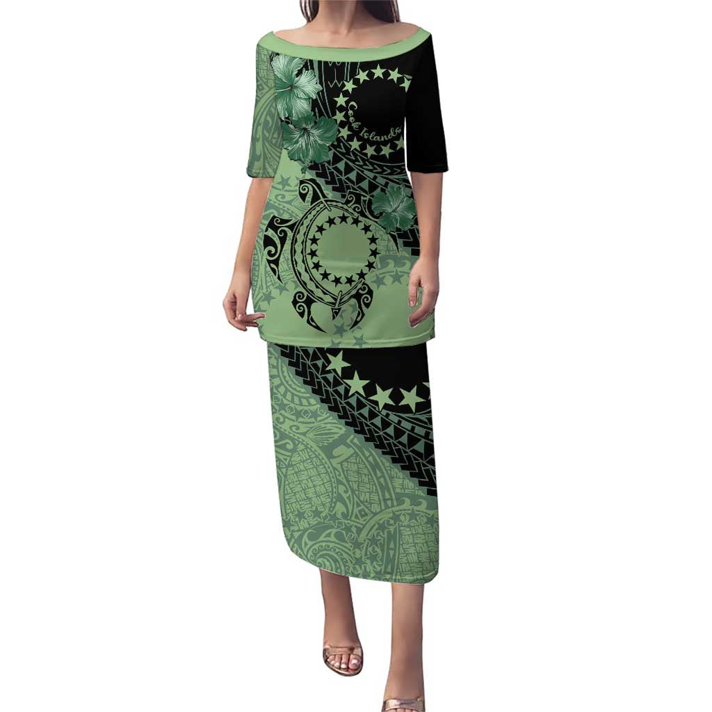 Cook Islands Turtle Puletasi Stars and Hibiscus - Green LT01 Long Dress Green - Polynesian Pride