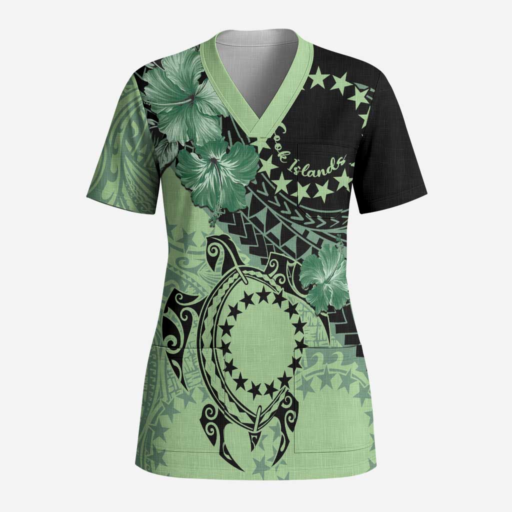 Cook Islands Turtle Scrub Top Stars and Hibiscus - Green LT01 Adult Green - Polynesian Pride