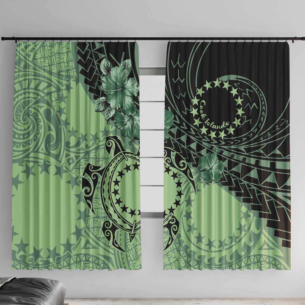 Cook Islands Turtle Window Curtain Stars and Hibiscus - Green LT01 With Hooks Green - Polynesian Pride