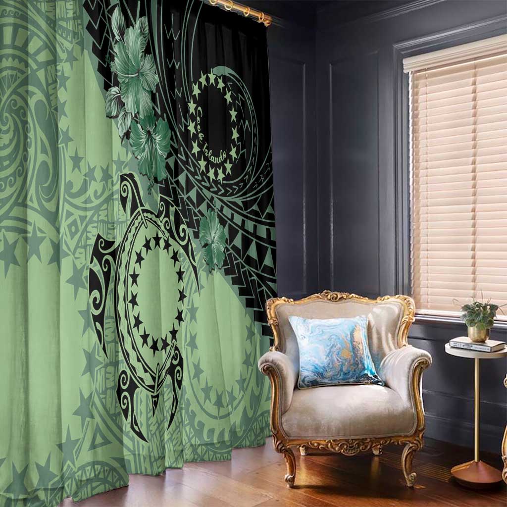 Cook Islands Turtle Window Curtain Stars and Hibiscus - Green LT01 - Polynesian Pride