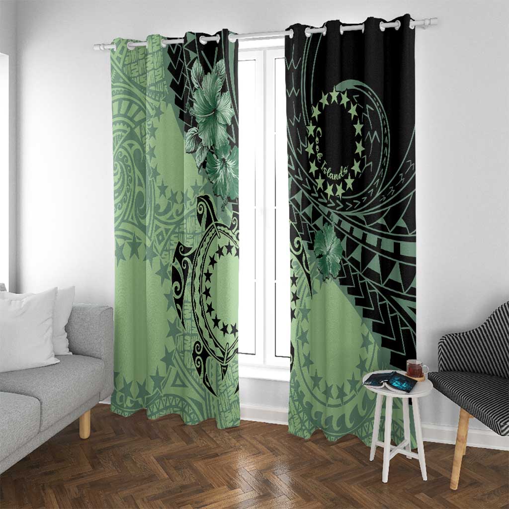 Cook Islands Turtle Window Curtain Stars and Hibiscus - Green LT01 With Grommets Green - Polynesian Pride