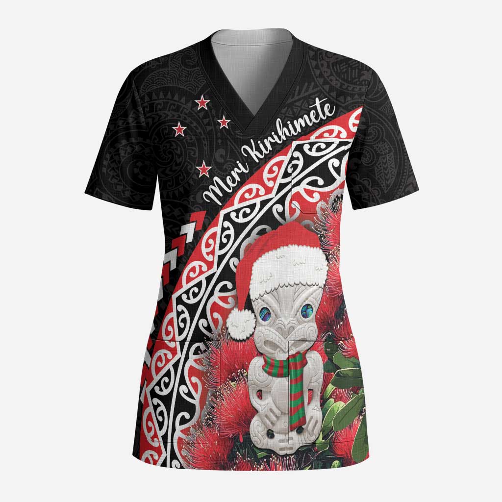 New Zealand Christmas Meri Kirihimete Scrub Top Santa Hei Tiki Pohutukawa LT01 Adult Black - Polynesian Pride