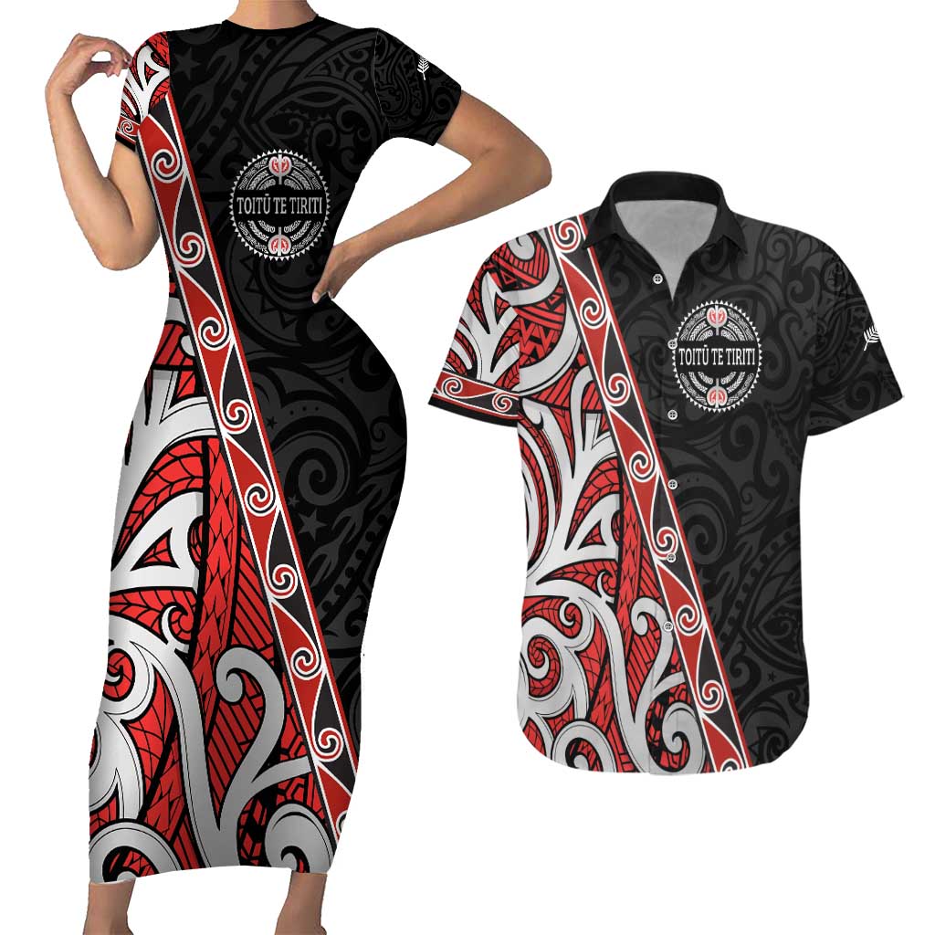 Aotearoa Toitu Te Tiriti Couples Matching Short Sleeve Bodycon Dress and Hawaiian Shirt Honour The Treaty New Zealand