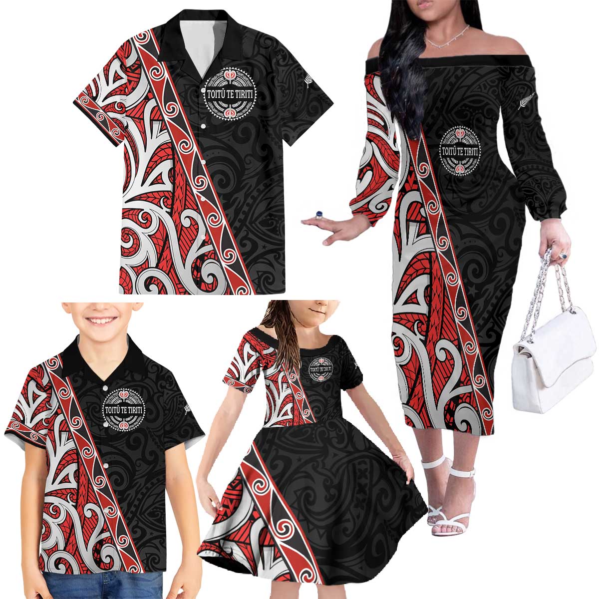 Aotearoa Toitu Te Tiriti Family Matching Off The Shoulder Long Sleeve Dress and Hawaiian Shirt Honour The Treaty New Zealand