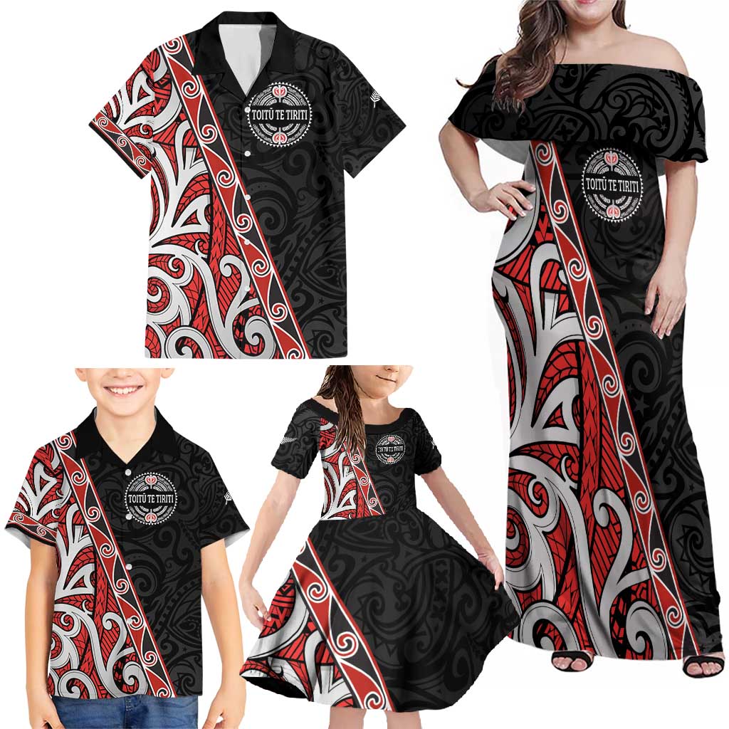 Aotearoa Toitu Te Tiriti Family Matching Off Shoulder Maxi Dress and Hawaiian Shirt Honour The Treaty New Zealand