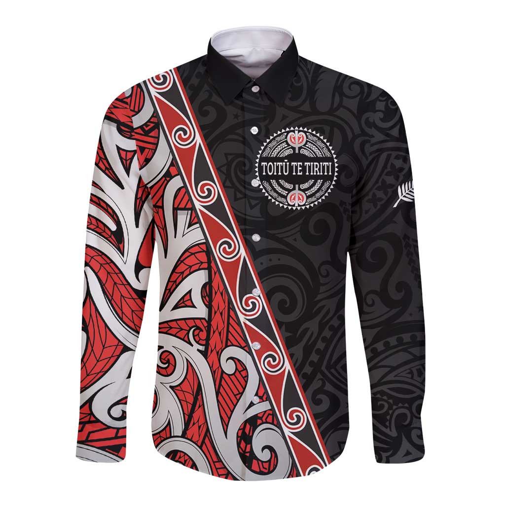 Aotearoa Toitu Te Tiriti Long Sleeve Button Shirt Honour The Treaty New Zealand LT01 Unisex Black - Polynesian Pride