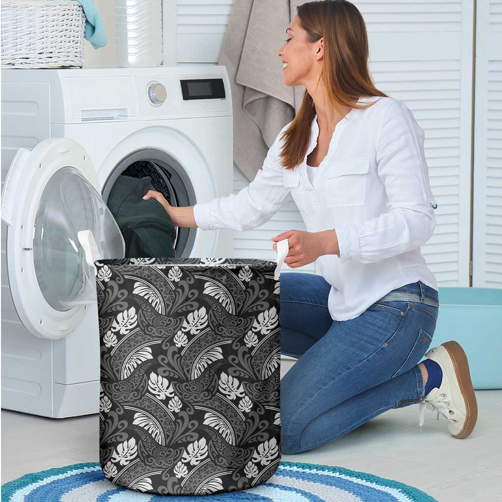 Grayscale Monstera Laundry Basket Polynesian Tribal Pattern LT01 - Polynesian Pride