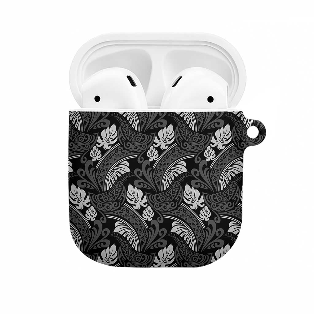 Grayscale Monstera AirPods Case Polynesian Tribal Pattern LT01 Black - Polynesian Pride