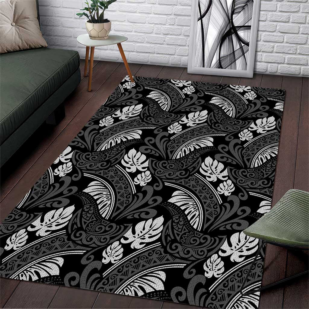 Grayscale Monstera Area Rug Polynesian Tribal Pattern LT01 Black - Polynesian Pride