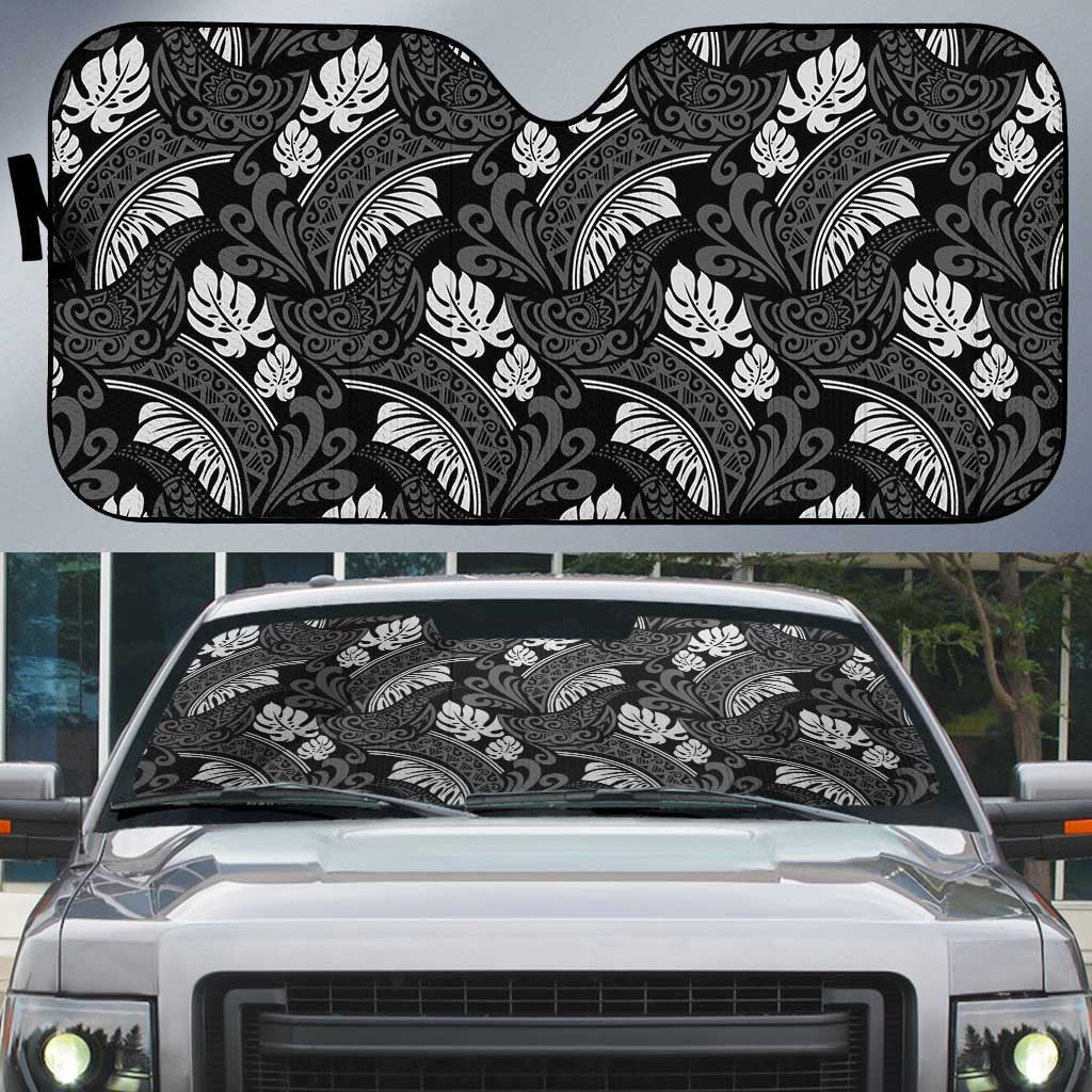 Grayscale Monstera Auto Sun Shade Polynesian Tribal Pattern LT01 Black - Polynesian Pride