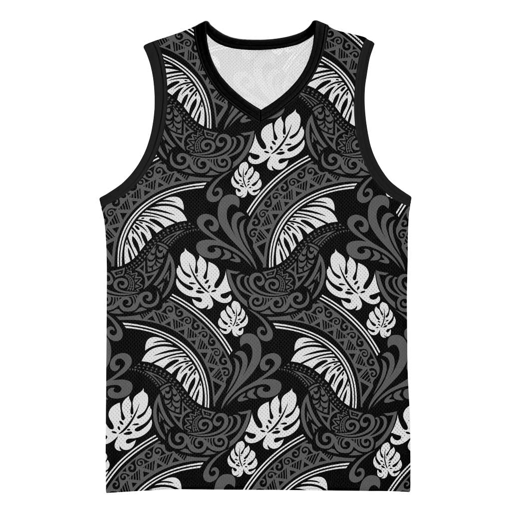 Grayscale Monstera Basketball Jersey Polynesian Tribal Pattern LT01 Unisex Black - Polynesian Pride