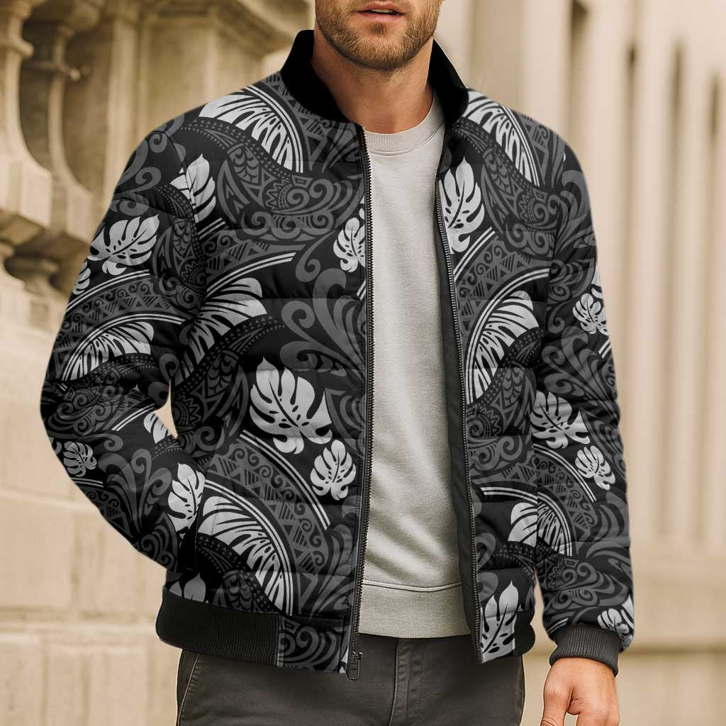 Grayscale Monstera Bomber Puffer Jacket Polynesian Tribal Pattern LT01 - Polynesian Pride