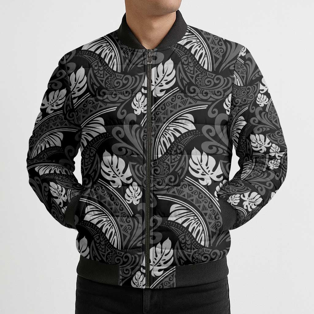 Grayscale Monstera Bomber Puffer Jacket Polynesian Tribal Pattern LT01 - Polynesian Pride