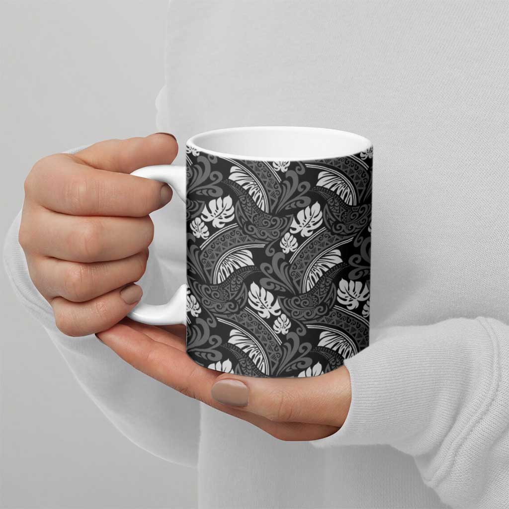 Grayscale Monstera Ceramic Mug Polynesian Tribal Pattern LT01 - Polynesian Pride