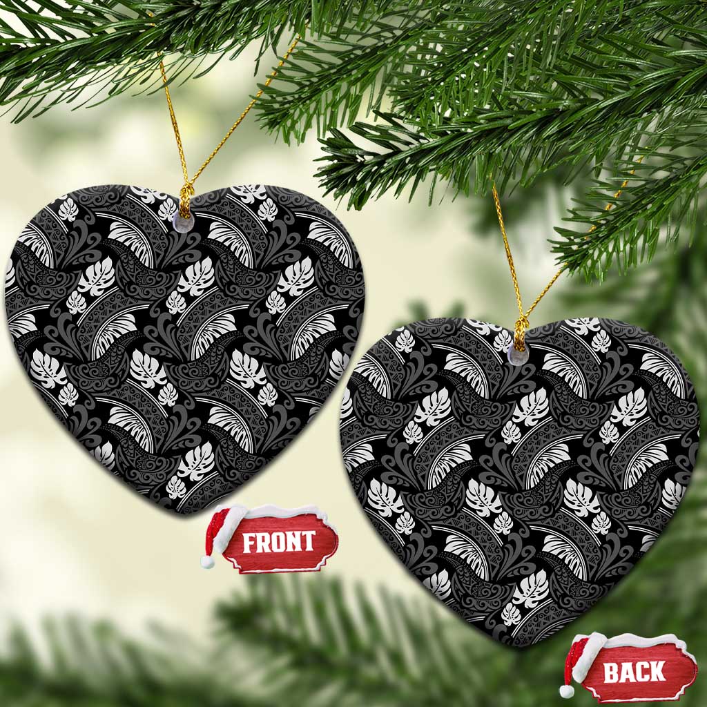 Grayscale Monstera Ceramic Ornament Polynesian Tribal Pattern LT01 Heart Black - Polynesian Pride