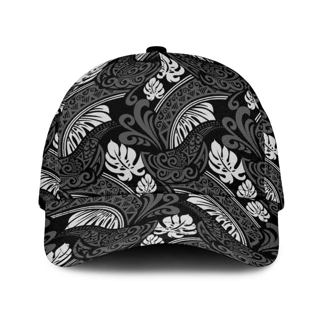 Grayscale Monstera Classic Cap Polynesian Tribal Pattern LT01 Universal Fit Black - Polynesian Pride