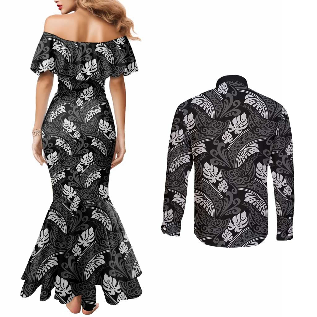 Grayscale Monstera Couples Matching Mermaid Dress and Long Sleeve Button Shirt Polynesian Tribal Pattern LT01 - Polynesian Pride