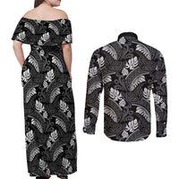 Grayscale Monstera Couples Matching Off Shoulder Maxi Dress and Long Sleeve Button Shirt Polynesian Tribal Pattern LT01 - Polynesian Pride