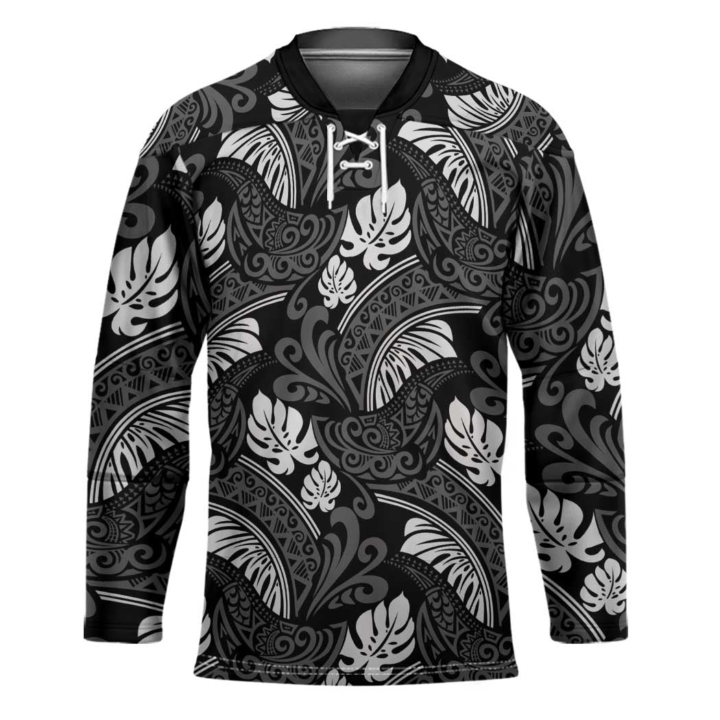 Grayscale Monstera Hockey Jersey Polynesian Tribal Pattern LT01 Unisex Black - Polynesian Pride