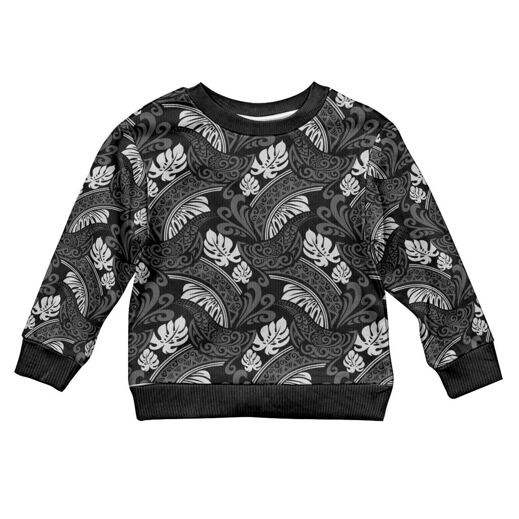 Grayscale Monstera Kid Ugly Christmas Sweater Polynesian Tribal Pattern LT01 Kid Black - Polynesian Pride