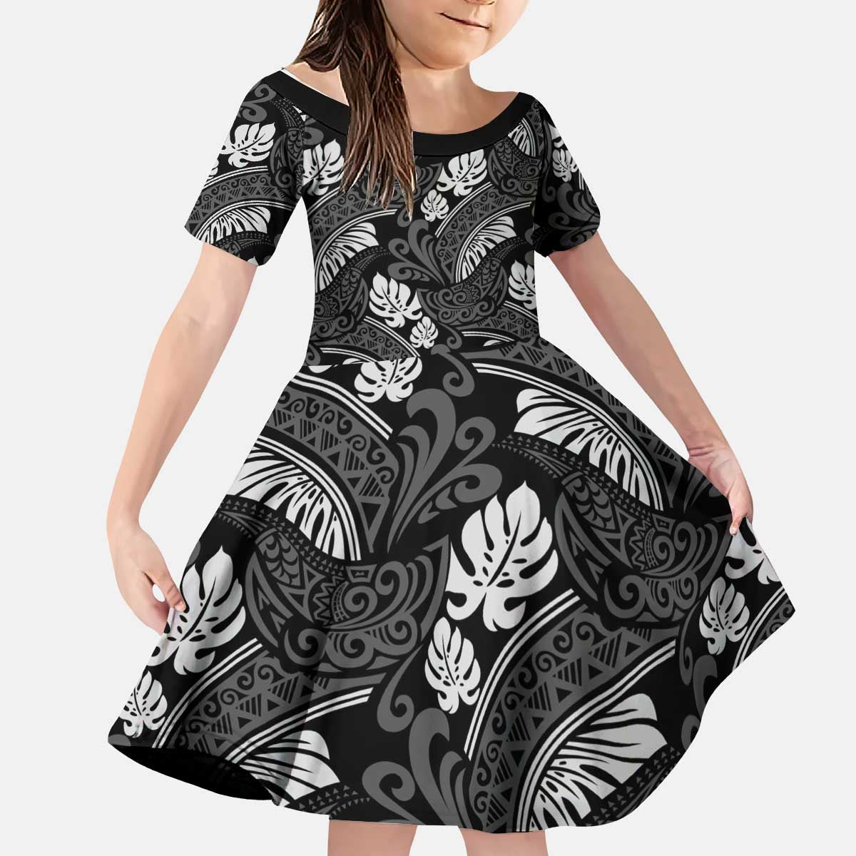 Grayscale Monstera Kid Short Sleeve Dress Polynesian Tribal Pattern LT01 KID Black - Polynesian Pride