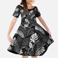 Grayscale Monstera Kid Short Sleeve Dress Polynesian Tribal Pattern LT01 KID Black - Polynesian Pride