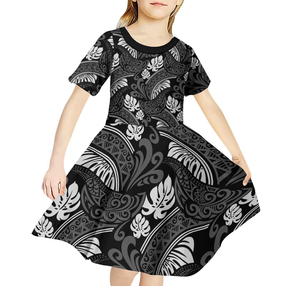 Grayscale Monstera Kid Short Sleeve Dress Polynesian Tribal Pattern LT01 - Polynesian Pride
